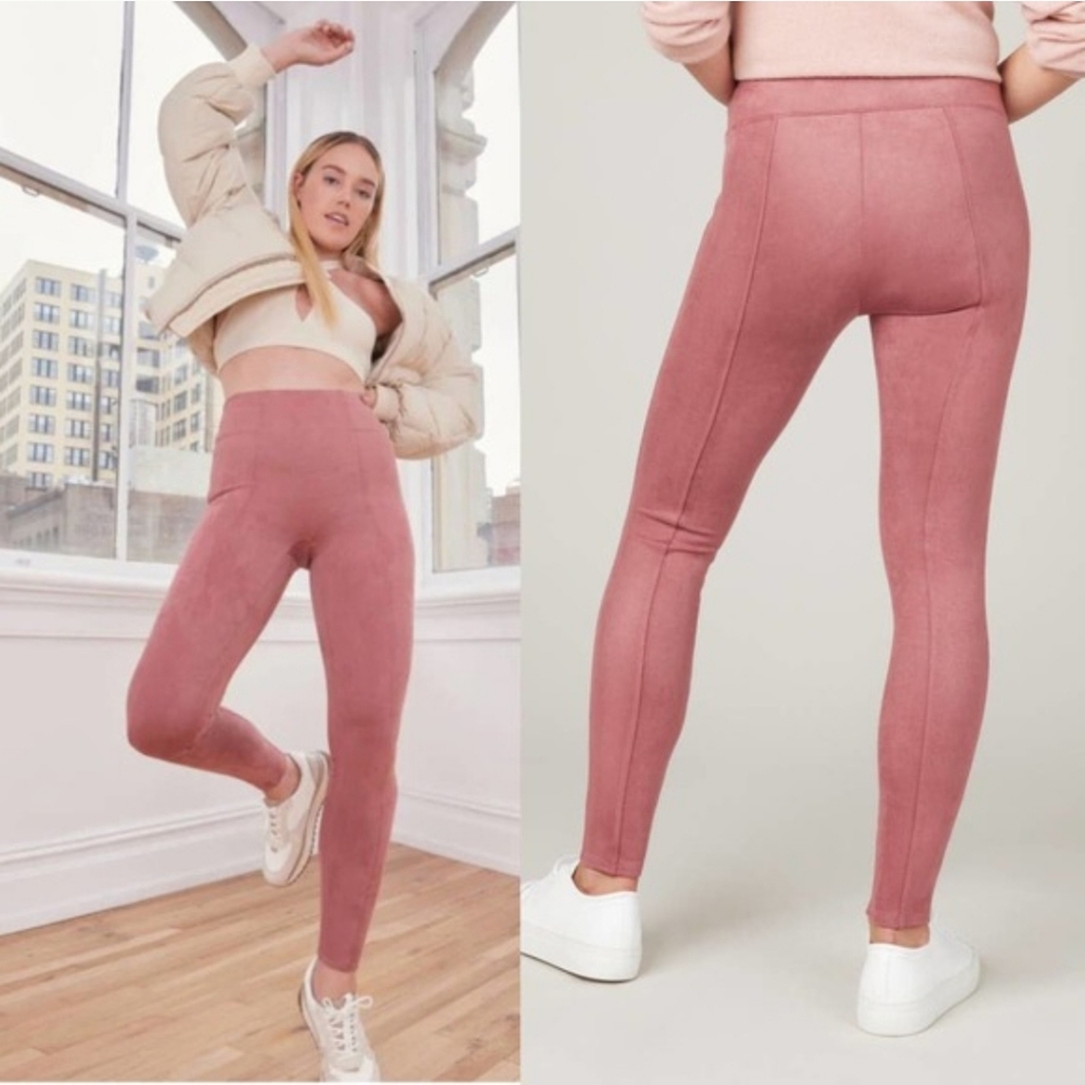 Spanx Faux Suede Leggings Rich Rose Pink Skinny Fit Ankle Pleated Casual